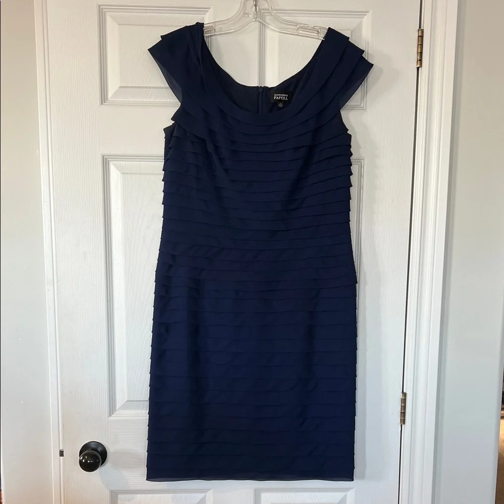 Adrianna Papell Navy Pleated Scoop Neck Midi Dress - Picture 1 of 6